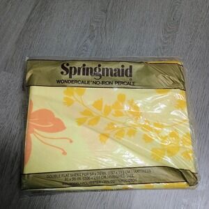Springmaid Wonderscale No Iron Percale Yellow Floral Retro Vtg Double Flat Sheet